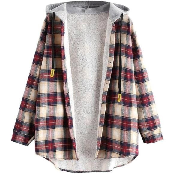 Plaid Fleece Lined Hooded Jacket Button Up Oversized Fuzzy Coat Checkered - Picture 1 of 5